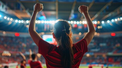 Fototapeta na wymiar back view of female fans celebrating victory in football stadium.
