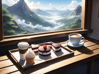 A slice of cake in a wooden tray with coffee at a mountain cafe in the morning with a misty view