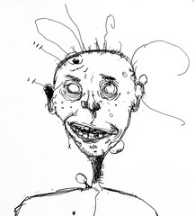 A simple bad messy line drawing of the head and shoulders of an ugly man with many pins stuck in his face, smiling, ai generated. This sketch conveys simplicity and emotional facial expressions.