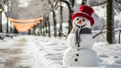 snowman standing proudly in a serene snowy landscape. The snowman's vibrant red hat and gray scarf contrast beautifully with its carrot nose, twiggy arms, and button eyes