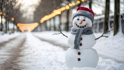 snowman standing proudly in a serene snowy landscape. The snowman's vibrant red hat and gray scarf contrast beautifully with its carrot nose, twiggy arms, and button eyes - obrazy, fototapety, plakaty