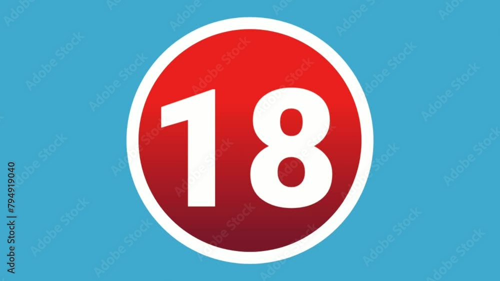 Poster number 18 eighteen sign symbol animation motion graphics icon on red circle on blue screen backgroun