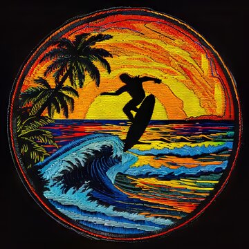 A surfer riding a wave in the sunset.