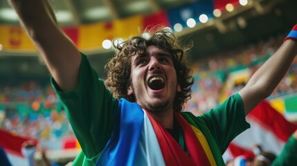 A happy fan at a public event in a stadium, holding an Italian flag with a smile and making a...