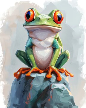 Talking Frog , Charming talking frog perched on a bright blue stone