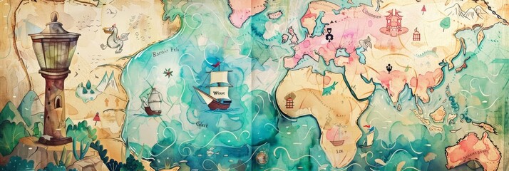 Young minds engaged in a treasure hunt, illustrated with charming watercolor maps, kawaii, bright water color