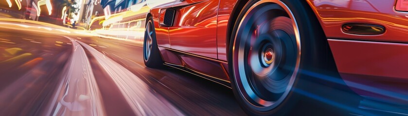 Showcase the intricate details and motion blur of a speeding sports cars wheel on the road