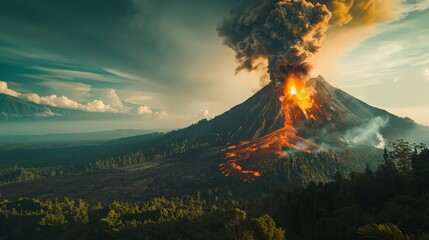 Volcano eruption near green forest expulsion of gases, rock fragments, movement of magma from the Earth’s mantle to the surface