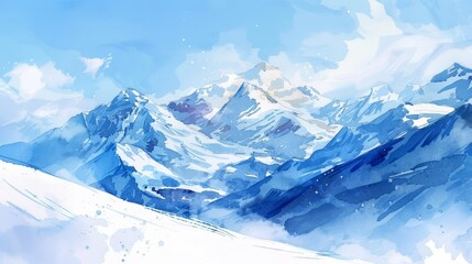 Snowy peaks under a clear blue sky, rendered in the stark beauty of minimal watercolor, beckon the brave at heart, kawaii