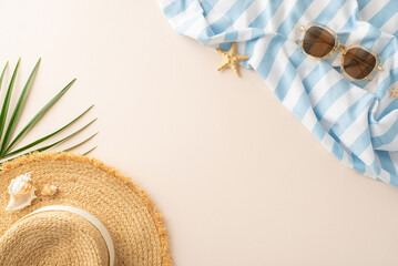 Sunny day essentials: top view of straw hat, shades, beach blanket, palm leaf, shells, and starfishes on a sandy backdrop, perfect for your summer message or promotion