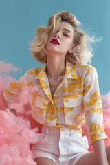 Fashion photography of fashion blond model sitting on pink cloud, pastel blue background, wearing oversized shirt with yellow clouds pattern print. Copy space.