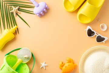An artistic flat lay arrangement of summer vacation items including beach toys, sunglasses, and a...