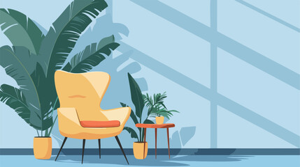 Comfortable armchair and houseplant near blue wall Vector - obrazy, fototapety, plakaty
