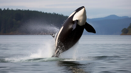 A majestic orca breaching the surface of the ocean, water cascading off its black and white body as it leaps into the air.