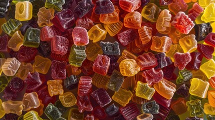 Fototapeta na wymiar Colorful Assortment of Gummy Sugar Treats Overhead View of Jelly Candies for Background or Texture