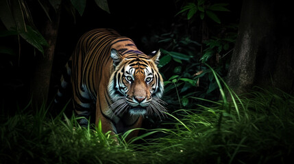 A majestic tiger prowling through the dense undergrowth of the jungle, its powerful muscles rippling beneath its striped fur.