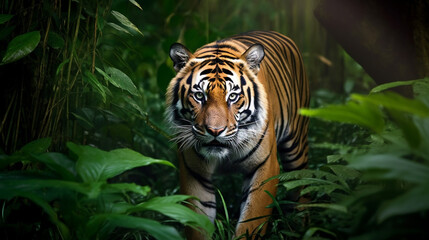 A majestic tiger prowling through the dense undergrowth of the jungle, its powerful muscles rippling beneath its striped fur. - obrazy, fototapety, plakaty