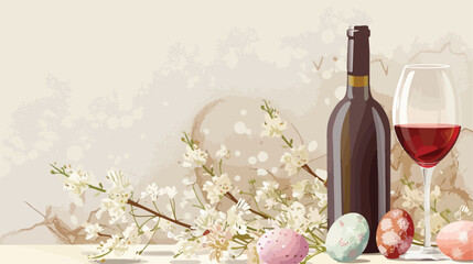 Composition with bottle of wine glass Easter eggs 