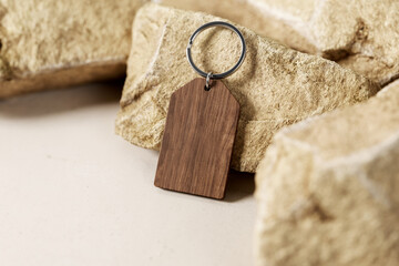 Branded wooden keychain with ring mockup. 3D rendering