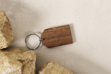 Old style wooden keychain mockup. 3D rendering