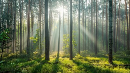 Warm sun light shine through tall trees green grass bushes meadows in forest