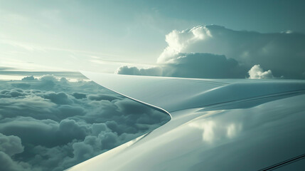 An airplane wing flying above the clouds.