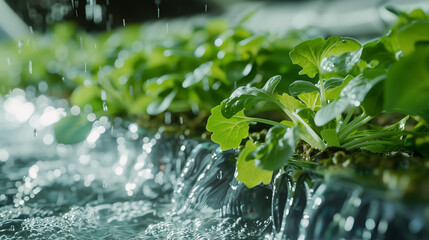 Close-up of watercress growing in a hydroponic farm