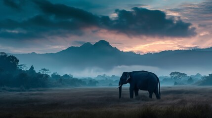 Elephant walking on grass field in Africa during sunset foggy forest mountain in background