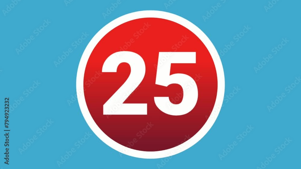 Poster number 25 twenty five sign symbol animation motion graphics icon on red circle on blue screen backgr