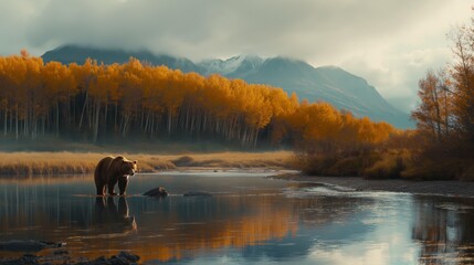 Brown bear walking on shallow water of river hunting for food autumn trees and mountain range in...