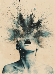a woman with an explosion in her head - obrazy, fototapety, plakaty