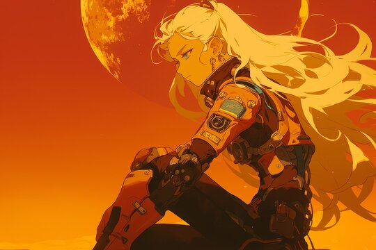 A beautiful woman with blonde hair in a space suit, on the surface of Mars, looking at the alien planet in an orange sky.