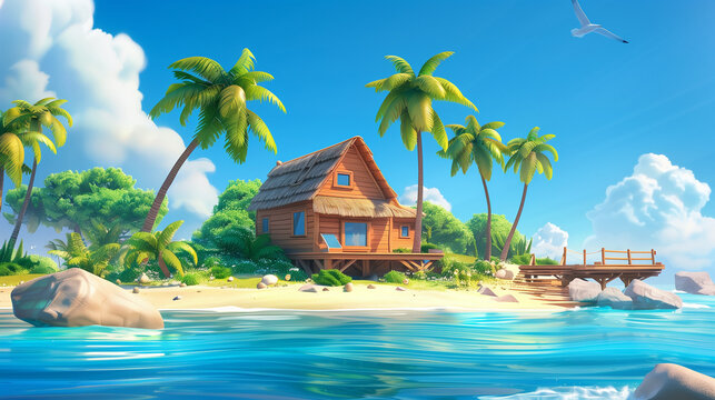 3d illustration of tropical landscape island with palm tree house