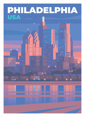 A nighttime view of downtown Philadelphia across the Delaware River. Huge modern buildings and skyscrapers.