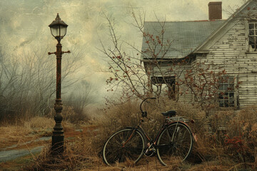 bicicleta antigua tumbada cerca de una casa vieja