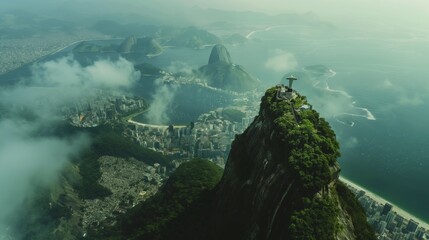 Birds eye view of Christ the Redeemer Cristo Redentor on lush green mountain surrounded by bustling city beside ocean seaside