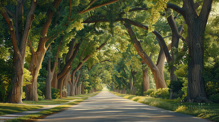 Eastern Cottonwood tree-lined avenue, with its towering canopy creating a shaded canopy overhead, providing a peaceful retreat from the heat of the summer sun and inviting a leisurely stroll amidst 