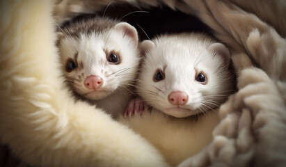 Fototapeta na wymiar A pair of affectionate ferrets cuddled up in a cozy nest made of soft blankets.