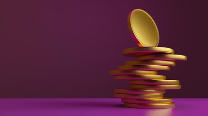 3D illustration of a stack of stylized gold coins on a purple background.