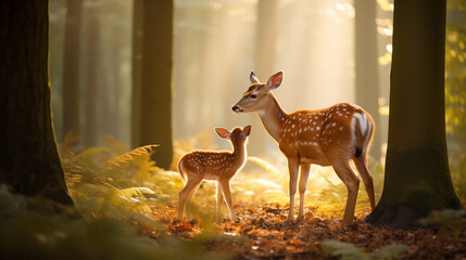 Wild deer roam peacefully in a lush forest setting, surrounded by greenery and tall trees
