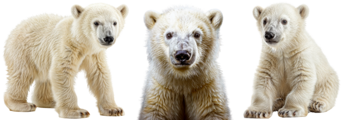Polar bear baby bundle, standing, portrait and sitting, isolated on a white background