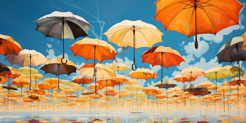 umbrellas of the sky, umbrellas hanging decorations, Colorful umbrellas with traces beneath the blue sky and clouds. GENERATIVE AI
