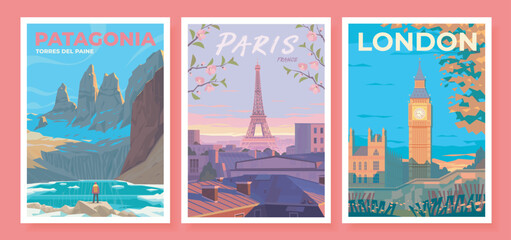 A set of three travel vector posters.