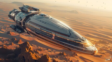 Spaceship soars above desert landscape, racing across the sky like a speeding car on a highway