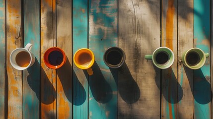Coffee cups in different colors on wood table long shadow top down view