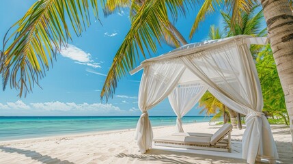 Relax on luxury VIP beach. White pavilion canopy sunny blue sky. Luxury vacation tourism holiday in tropical resort hotel. Couple retreat Fantastic leisure lifestyle landscape palm trees white sand - obrazy, fototapety, plakaty