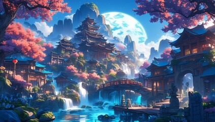 Ancient city surrounded by mountains and waterfalls, blue sky in the distance, night scene