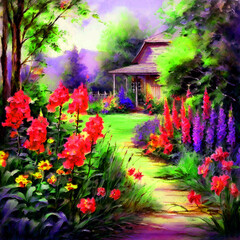 Fototapeta na wymiar Floral colourful watercolour oil painting of garden splash colour of ballota flowers