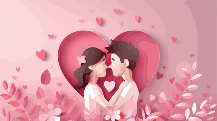 Couple with paper heart on pink background. Valentine