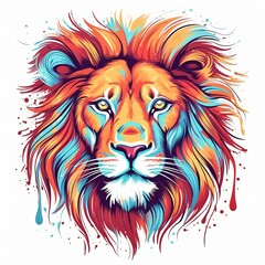 A colorful illustration of a lion's face with a red, blue, and yellow mane.